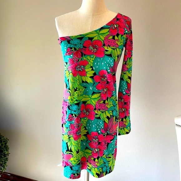 Lilly Pulitzer Whitaker Skip in It dress one shoulder long sleeve floral size Sm - Picture 1 of 11
